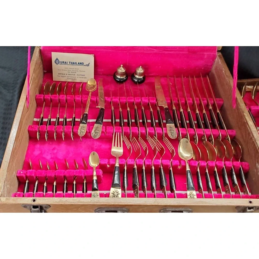 Vintage Urai Thailand Bronze Rosewood Flatware Set Siam MCM 100+ Pieces Boxed